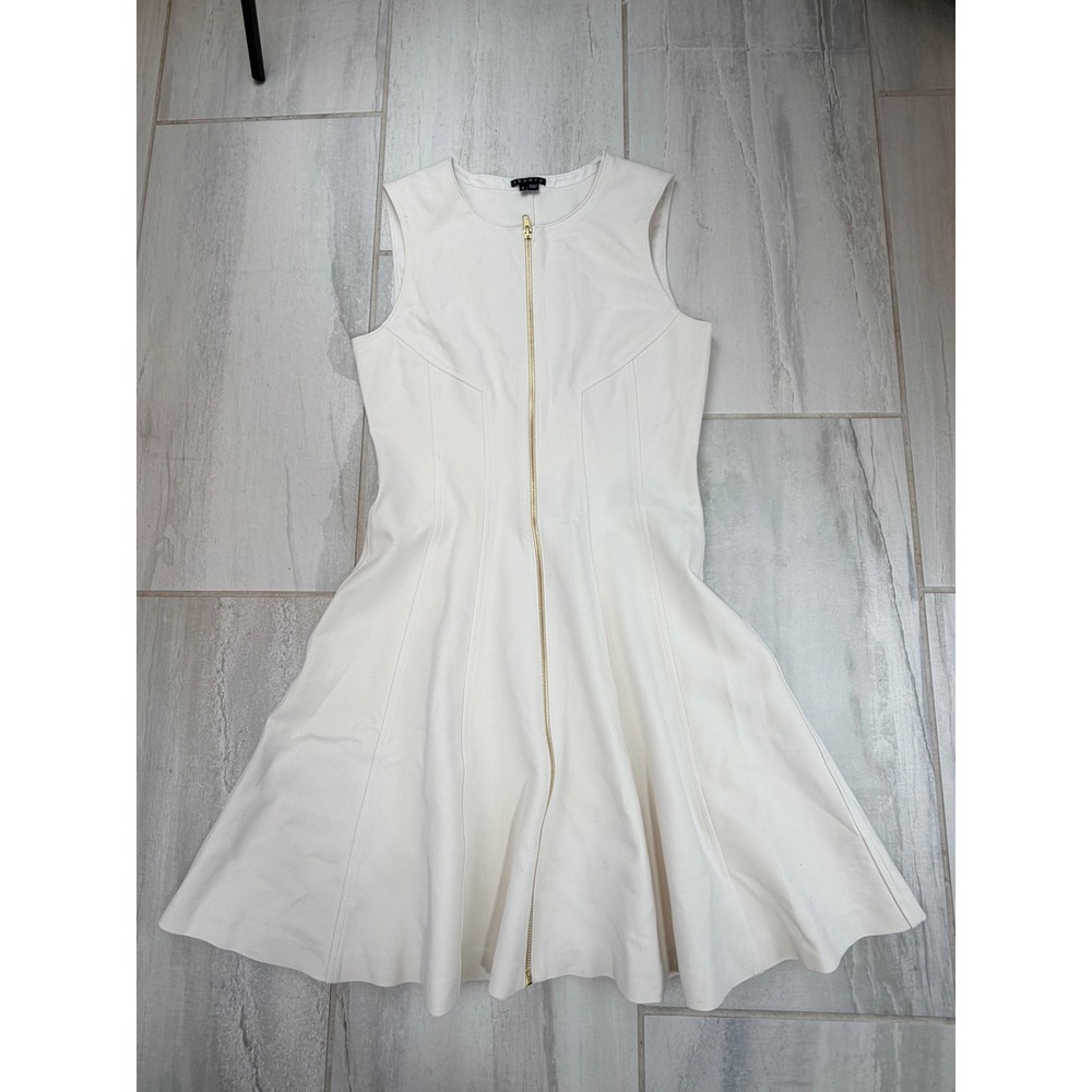 Theory Ivory Virgin Wool Blend Gold Zip Front Fit Flare Sleeveless Dress 6